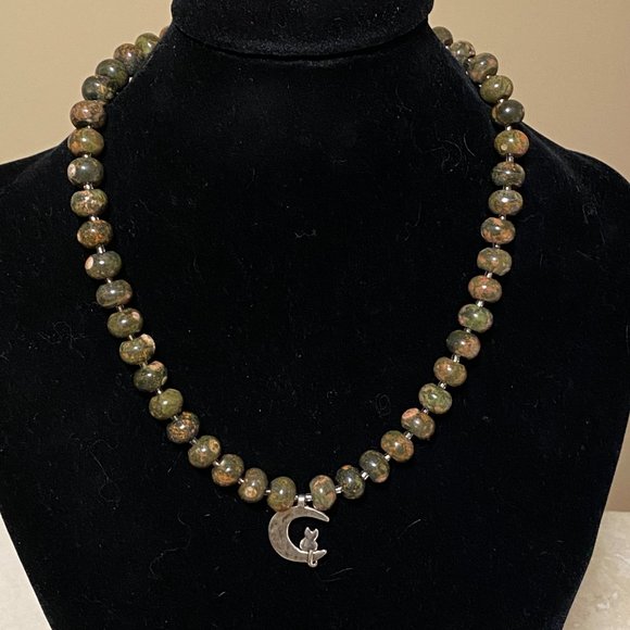 Unakite Stone Silver Cat on the Moon Necklace, Genuine Gemstone Beaded Necklace - Picture 2 of 9